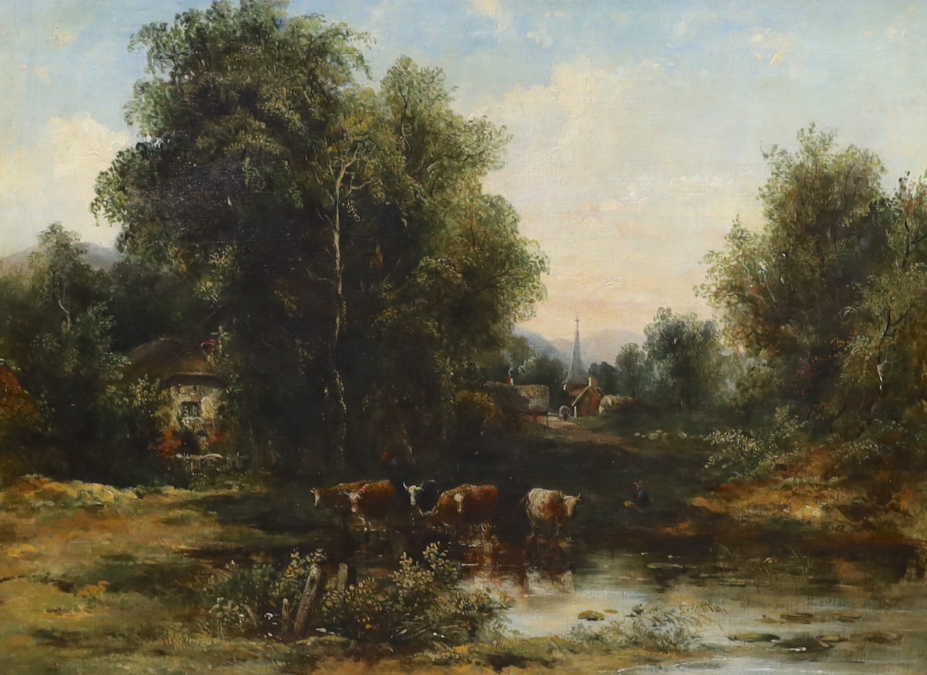 19th century English School, oil on canvas, Cattle watering, a church beyond, 44 x 60cm